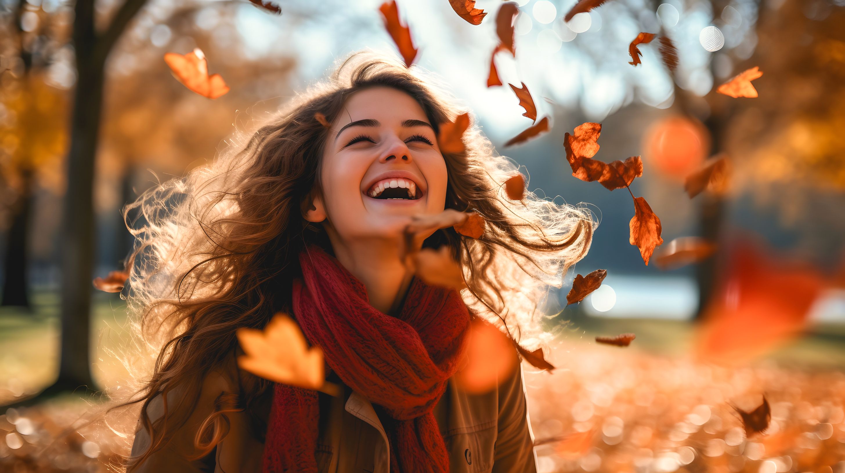 Frau lacht in Herbstsonne, Blätterregen, warme Farben